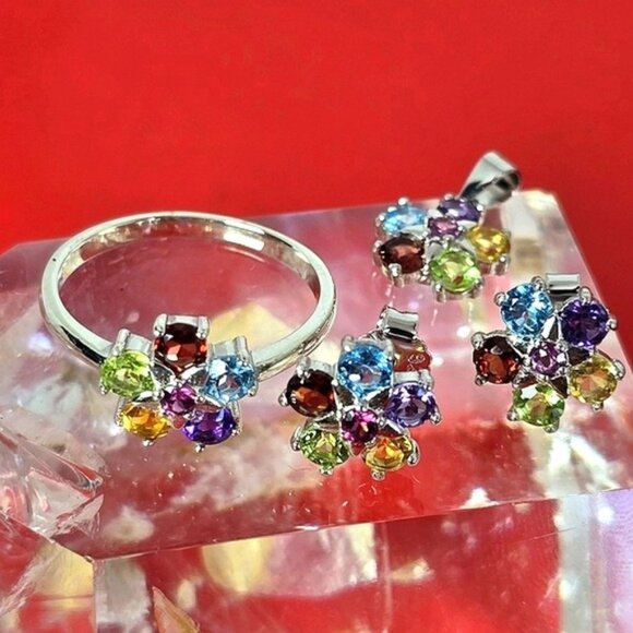 925 Sterling Silver Ring 7.75, Earrings, Pendant Set with Natural Multimix Gems